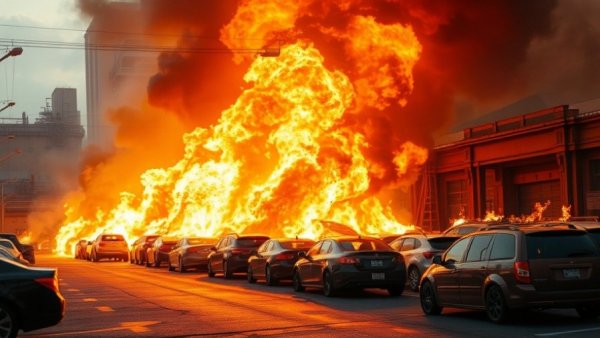 Corporate arson economic terrorism depicted in urban fire with cars ablaze.