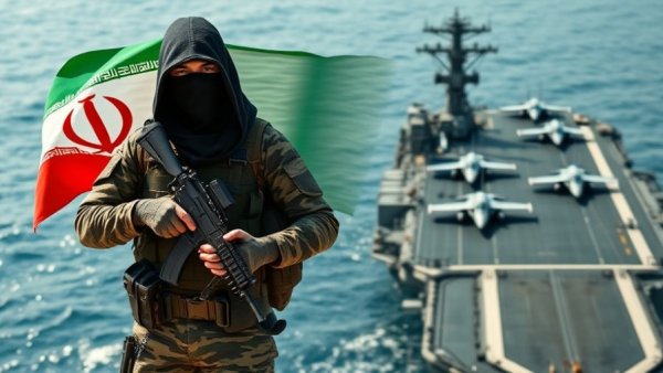 US Navy blockade of Iran scene with soldier and aircraft carrier.