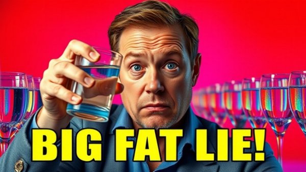 Man holding water glass labeled 'BIG FAT LIE', questioning hydration myth.