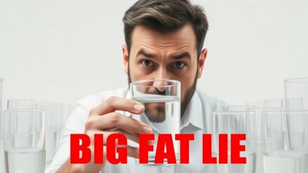 Illustration of water glass myth with nervous man and text.