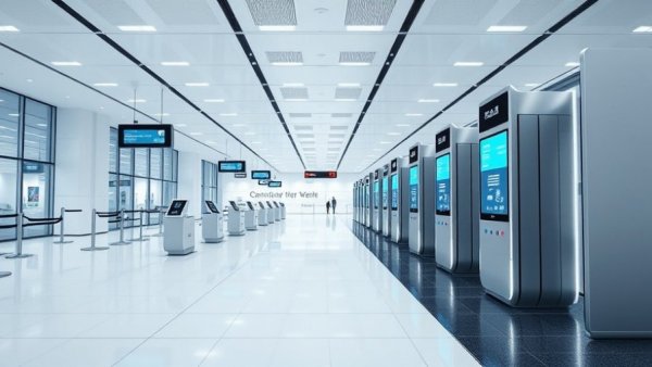 Modern electronic boarding gates at DFW Airport, digital displays
