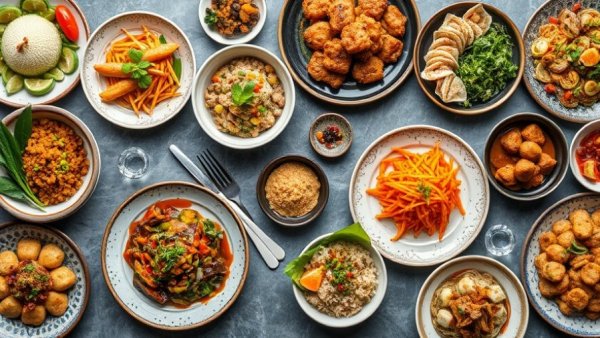Asian dishes on gray tabletop with colorful plates for Austin culinary tours.