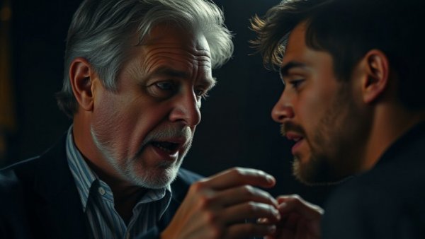 Middle-aged and younger men speaking passionately, contrasting lighting.