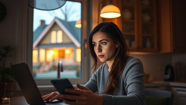 Zillow users in the home buying process depicted by a woman searching for houses online at night