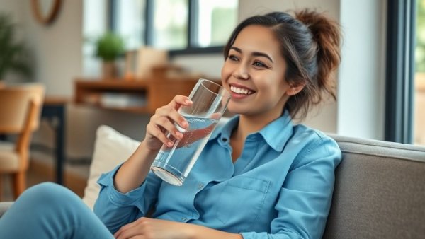 Smiling woman drinking sparkling water indoors, exploring weight loss.