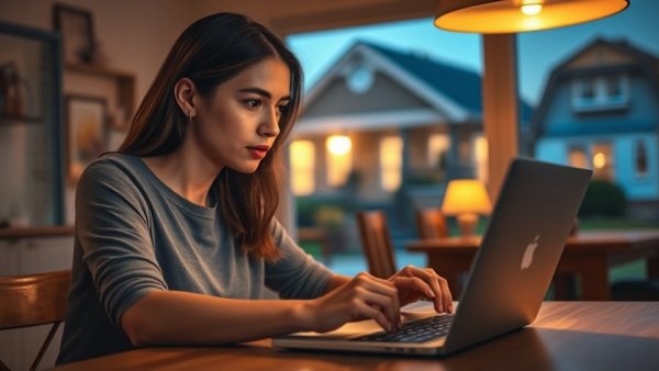 Woman Zillow stalking homes on laptop in cozy kitchen