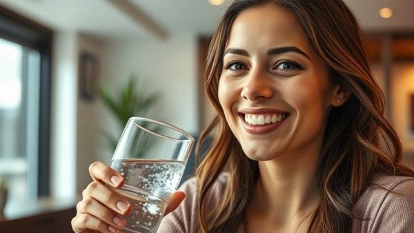 Young woman enjoying sparkling water for weight loss indoors.