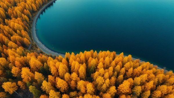 Aerial view of a vibrant autumn forest meeting a calm blue lake, resembling a lost world beneath the North Sea.