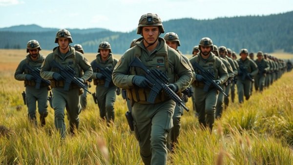 Soldiers participating in a combat simulation exercise in an open field.