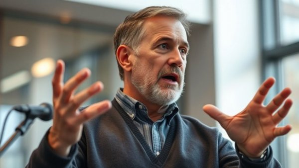 Middle-aged man discussing with expressive gestures and microphone, healthy aging for seniors.