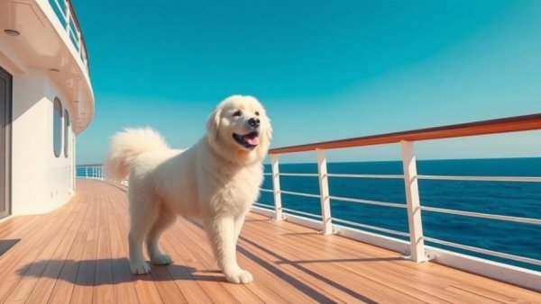 Large white dog on a pet-friendly cruise deck.