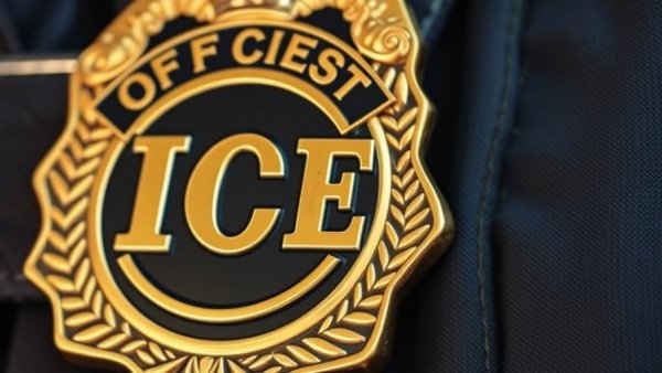 Close-up of ICE officer badge in San Antonio detention center.