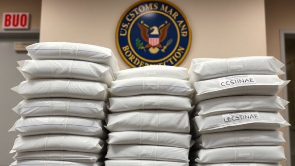 Seized cocaine packages in Hidalgo port office display.