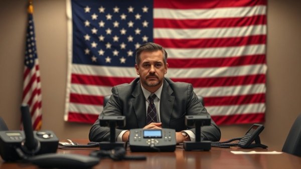 US blockade in Strait of Hormuz news conference setup with American flag.