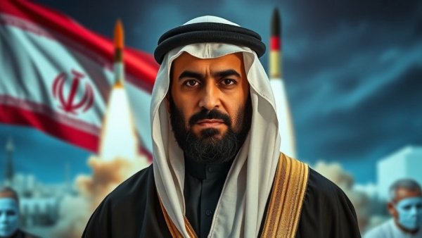 Iran negotiation dynamics depicted with serious figure and powerful background.