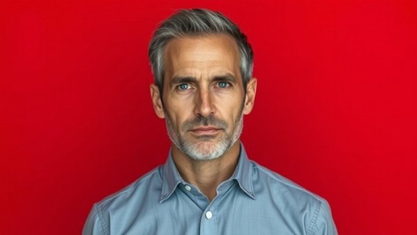 Portrait of serious man in formal shirt, against a red background. Houston crime news.