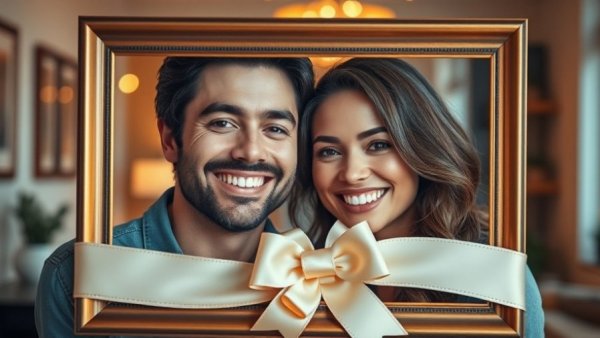 Photo collage with a smiling couple and a cosmetology portrait