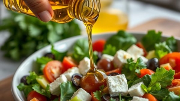 Hand pouring extra virgin olive oil on salad for brain health benefits.