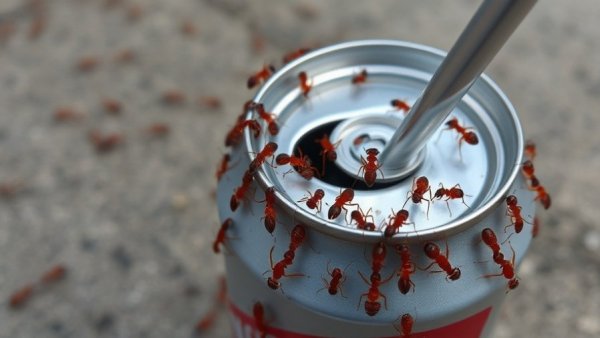 Red ants exploring a soda can with an open top and straw, illustrating caffeine effects on ant behavior.