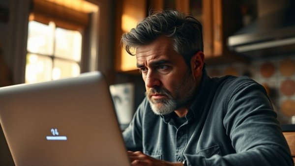 Frustrated man with laptop in Dallas kitchen, consumer technology issues.