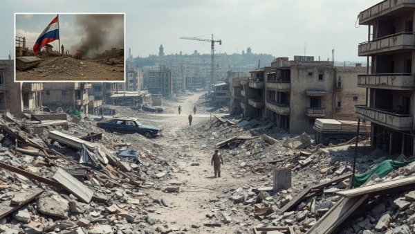 War-torn cityscape with rubble, related to US news articles.