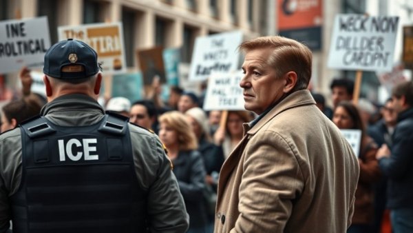 ICE agent and protest image related to felony assault charges.