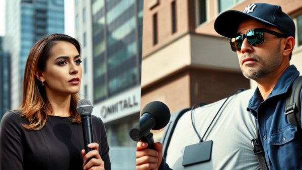 Engaging media scene with presenter and street interview, faith in justice system theme.