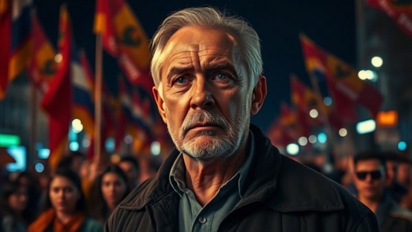 Serious older man in political news scene with flags and crowd.