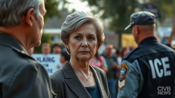 ICE agent news coverage with protest and official discussion, tense atmosphere.