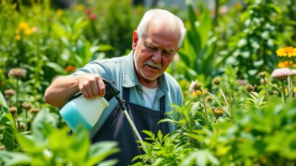 Elderly man spraying plants in garden for foliar feeding.