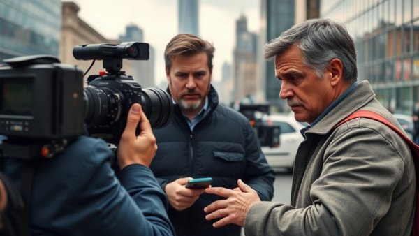 Journalist shielding face during a tense encounter, urban setting.