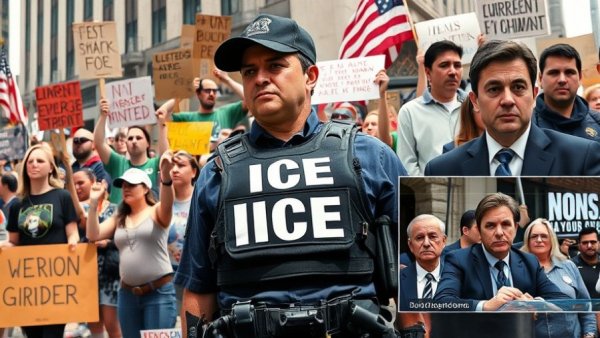 ICE agent facing protest, news coverage of felony assault charges.