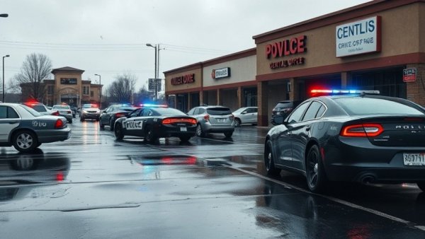 Houston news shooting scene with police cars and crime scene tape in rainy strip mall parking lot.