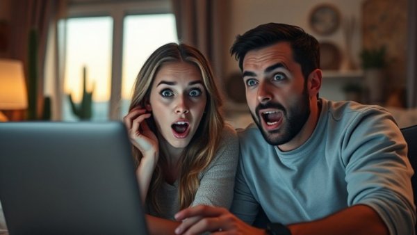 Couple surprised by data on laptop at home, highlighting Google data collection practices.