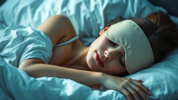 Calm woman peacefully sleeping in bed, eye mask on.