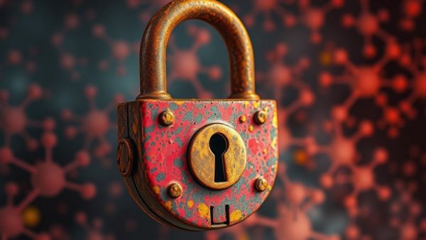 Rusty lock with molecules highlighting diet failure, related to healthy aging tips.