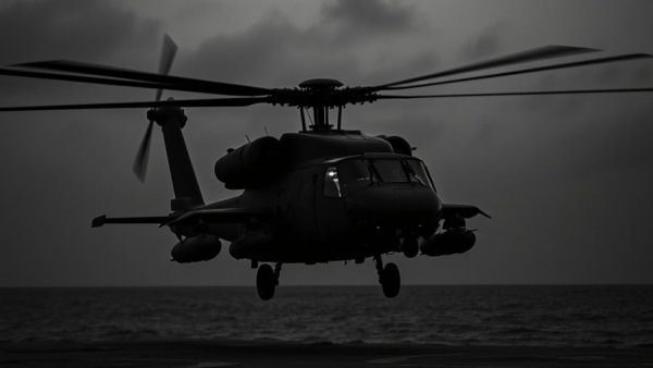 Grainy night vision image of a US military helicopter landing on a ship.
