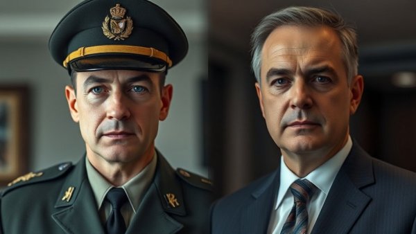 Split-screen of military officer and suited man on news, missing American scientists.