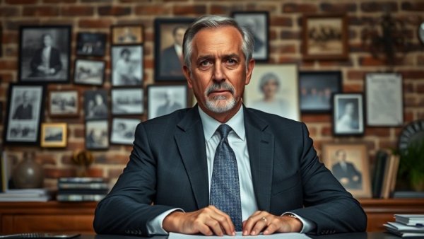 Cinematic image of man at desk discussing just war concept.