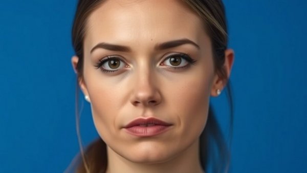 Neutral expression woman portrait in news style broadcast.