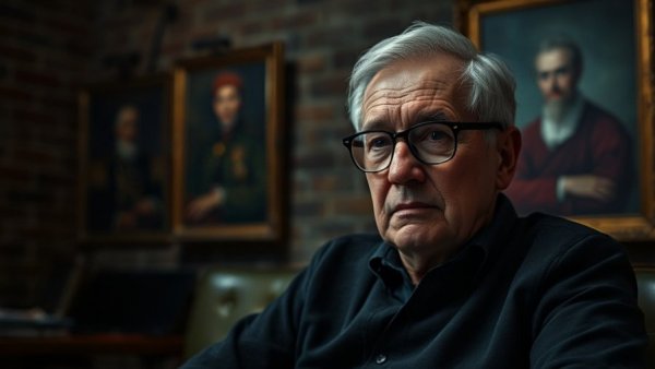Older man with glasses discussing topic in a dark room.