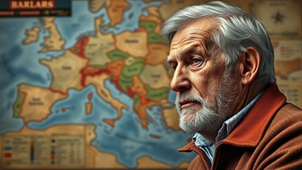 Trump's strategy regarding Iran, serious older man, map background.