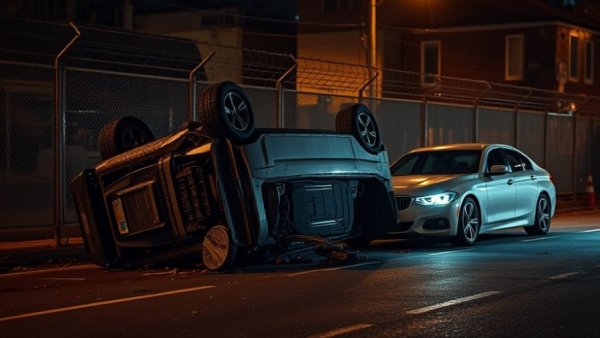 Houston news traffic incident with an overturned vehicle at night.