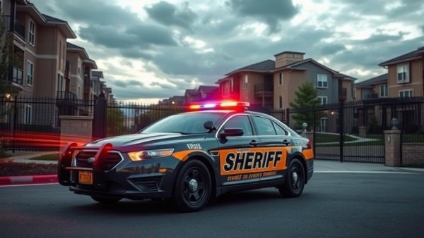 Sheriff patrol car at gated community in Houston related to news shooting.