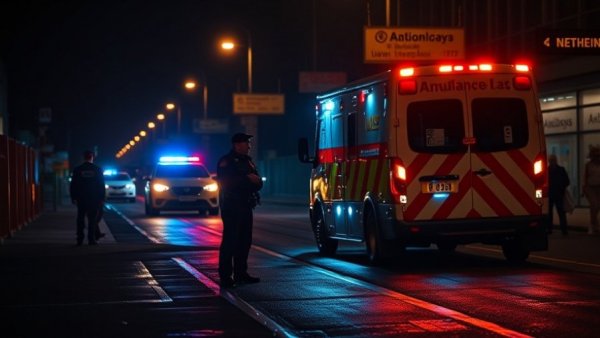 Emergency vehicles and police at night in urban street, Houston home invasion incidents.