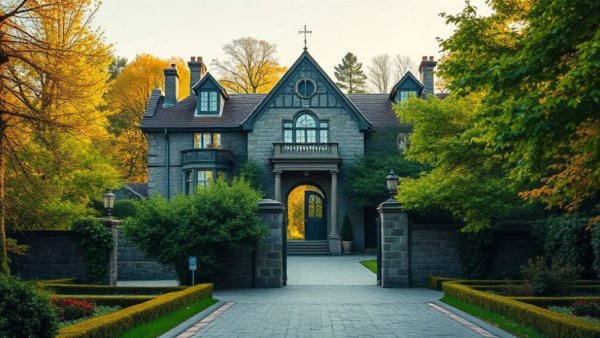 Luxury mansion gatehouse with lush garden and stone wall.