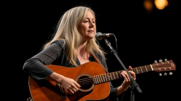 Indigo Girls Emily Saliers playing guitar on stage, concert lighting.
