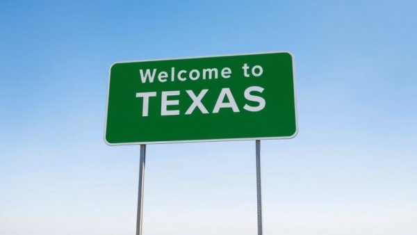 Welcome to Texas sign under bright blue sky representing moving to Texas.