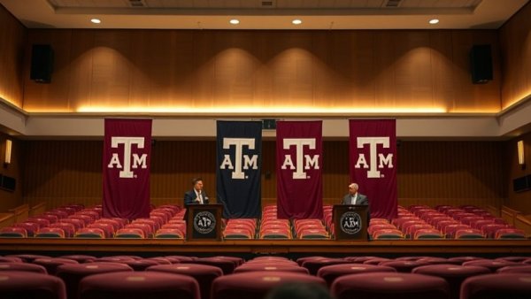 Speakers discuss at Texas A&M Civil Discourse Symposium with banners.