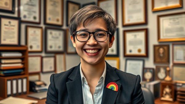 Office scene of a smiling individual with certificates, related to judge resignation in San Antonio.